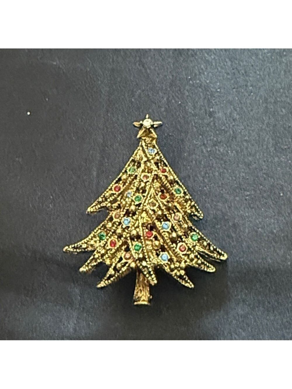 Vintage Christmas Tree Brooch Pin Gold Color with Round Multicolor Crystals